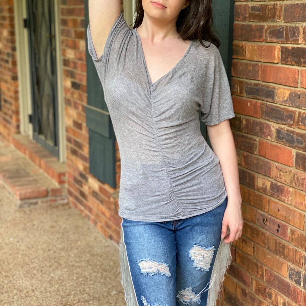 Vintage ‘Shasta’ Gray Ruched Paper thin Top Size Medium Made in USA